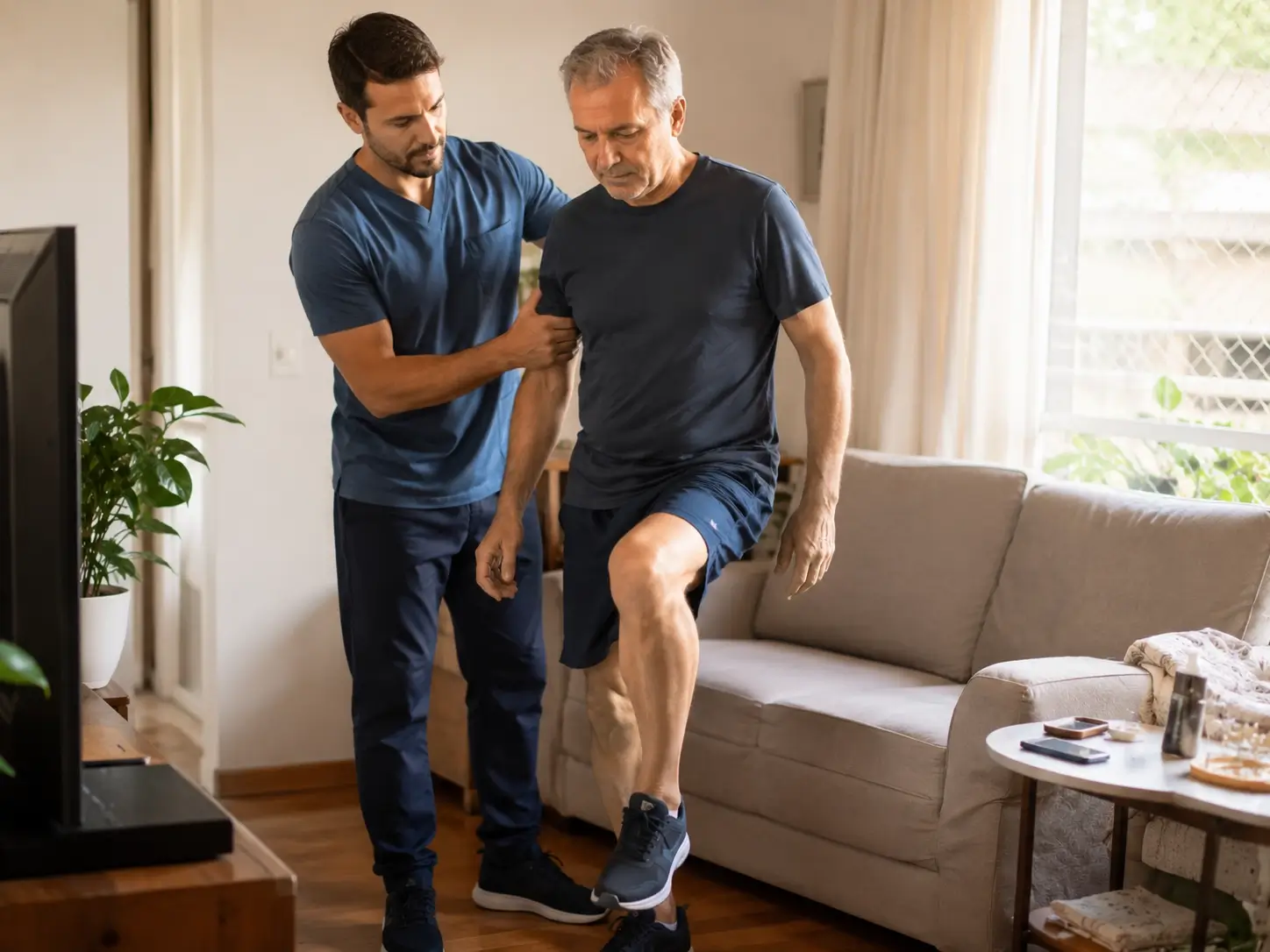 Fisioterapia domiciliar VIVARAH CARE: fisioterapeuta auxiliando assistido(a) em home care